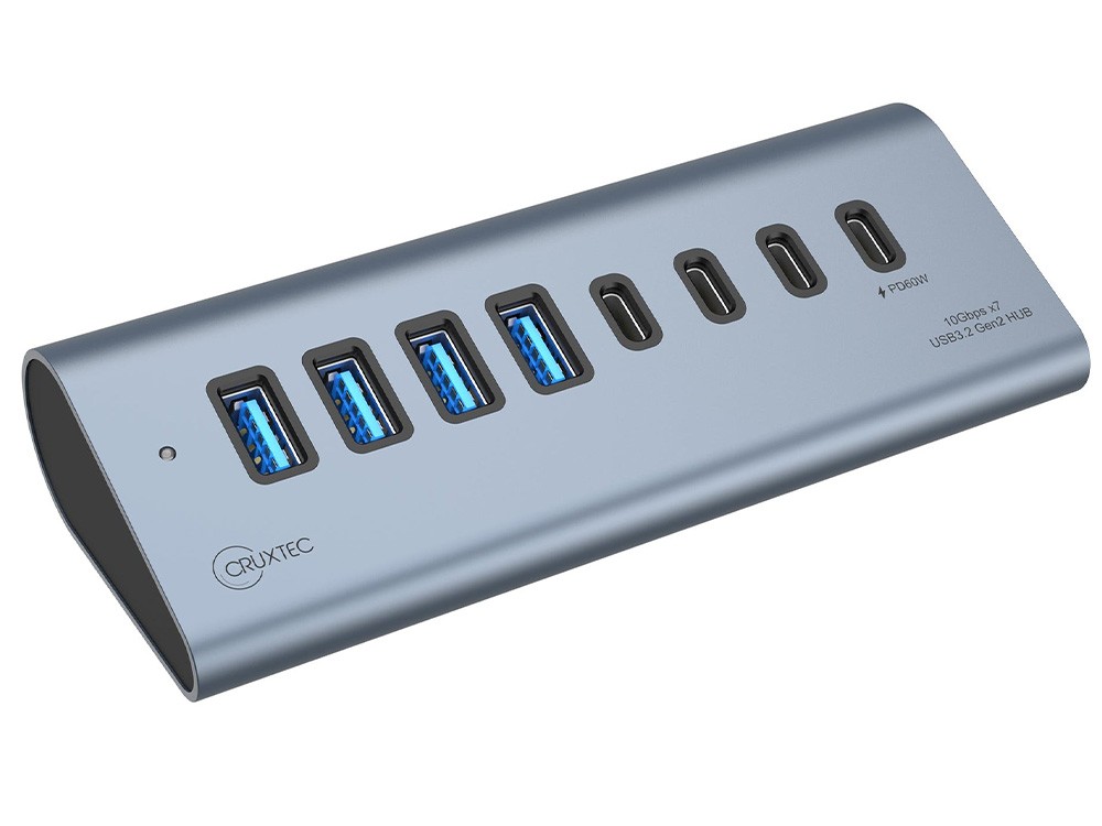 Cruxtec USB 3.2 Gen 2 7-Port Hub with PD 60W Output - Space Grey