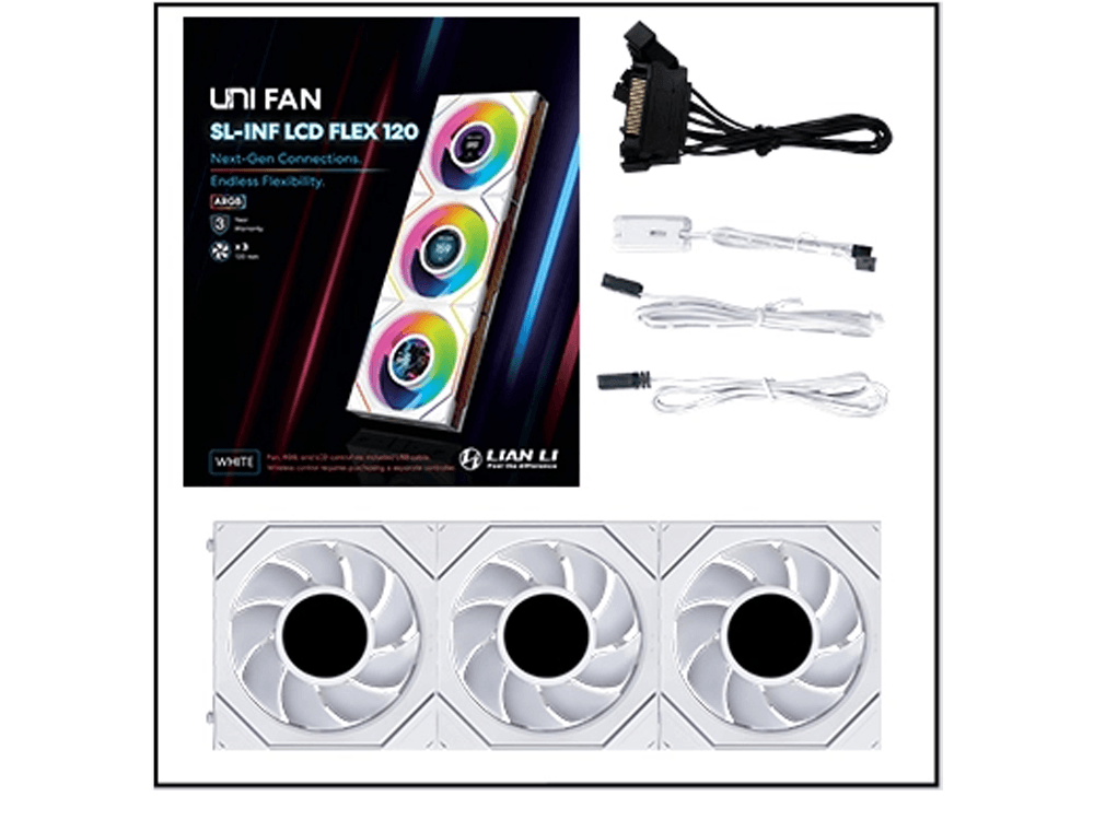 Lian Li UNI FAN SL Infinity 1.8-inch LCD Flex Wireless 120mm ARGB Fan Infinity Mirror - White (3-pack)